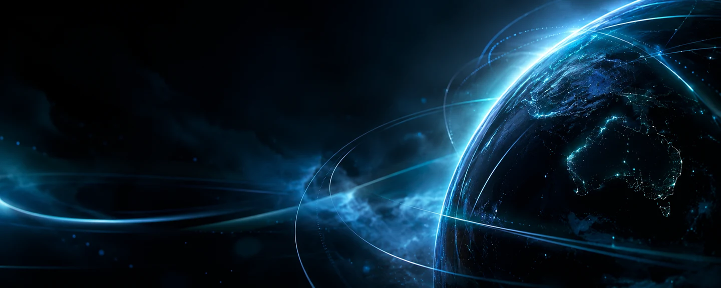 Cinematic blue globe with illuminated connections across Australia and the world