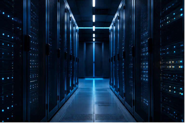 Blue-lit server racks in a data centre