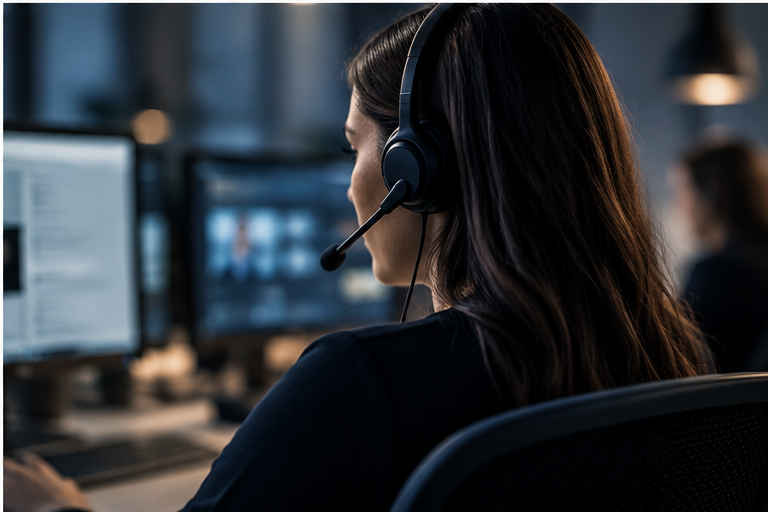 Headset-wearing team member working at an office computer