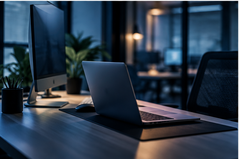 A laptop and monitor in a modern office workspace