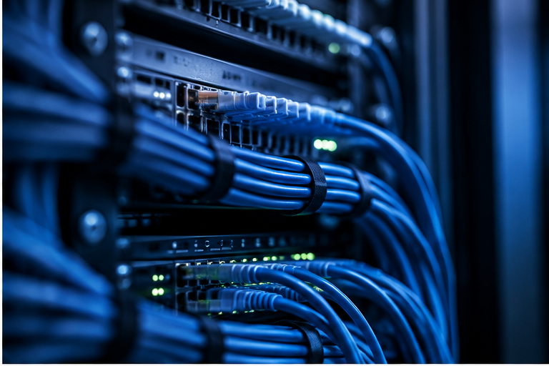 Blue Ethernet cables connected to network switches