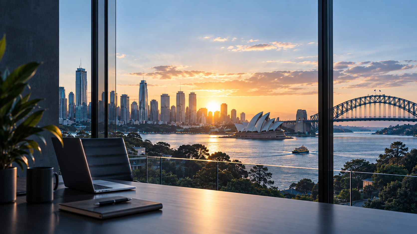 Sydney Harbour seen from a modern workspace at sunset