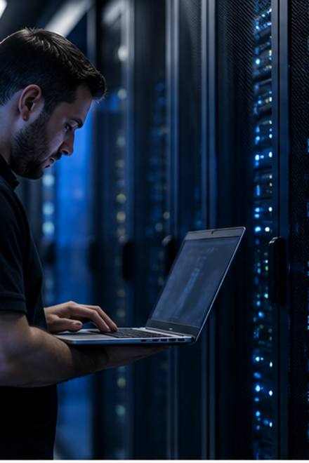 Technician working on a laptop beside server racks