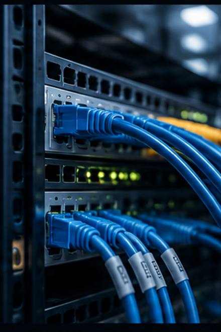 Blue network cables connected to switching equipment