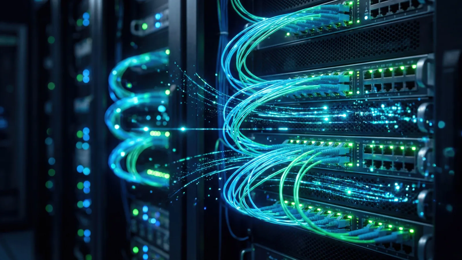 Modern business network infrastructure featuring illuminated network switches and fibre-optic connections, representing secure, reliable business connectivity and network performance.